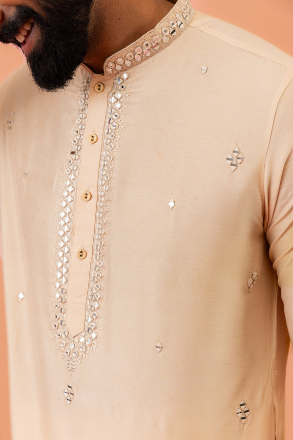 Beige Silk Blend Mirror Work Kurta Trouser