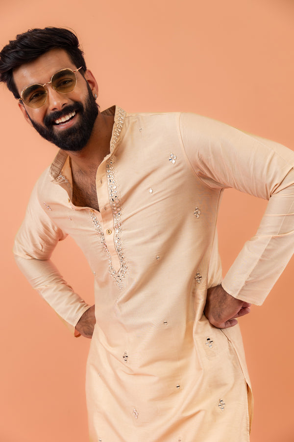 Beige Silk Blend Mirror Work Kurta Trouser
