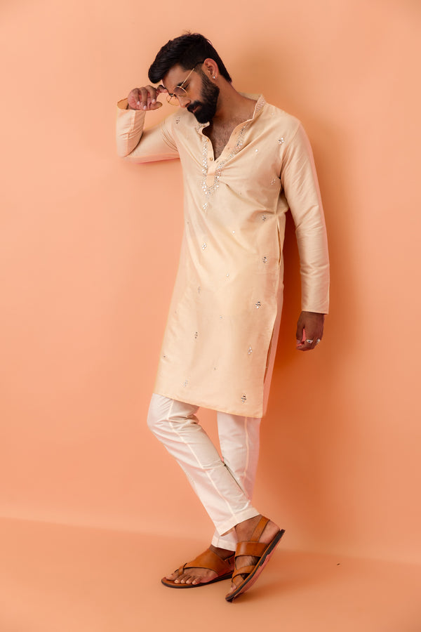 Beige Silk Blend Mirror Work Kurta Trouser