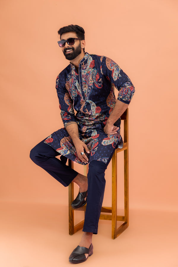 Men Navy Blue Multi-Color Paisley Printed Kurta Trouser Set