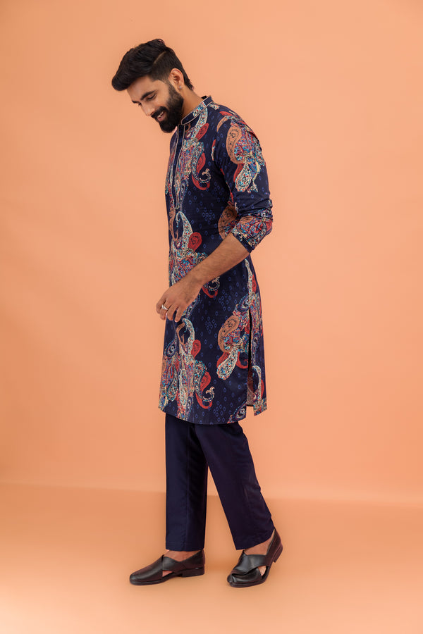 Men Navy Blue Multi-Color Paisley Printed Kurta Trouser Set