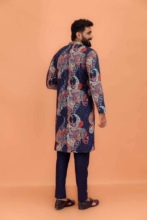 Men Navy Blue Multi-Color Paisley Printed Kurta Trouser Set