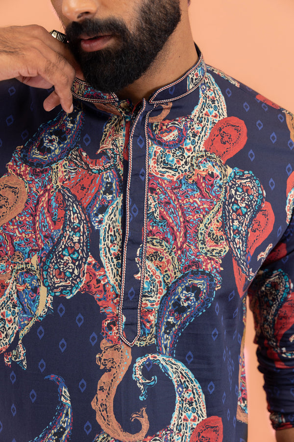 Men Navy Blue Multi-Color Paisley Printed Kurta Trouser Set