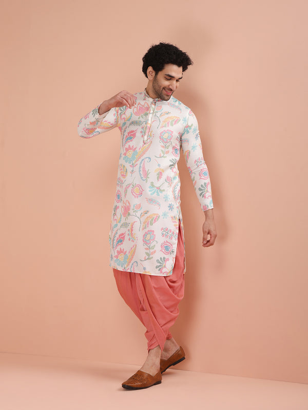 White Cotton Printed Kurta Dhoti Set