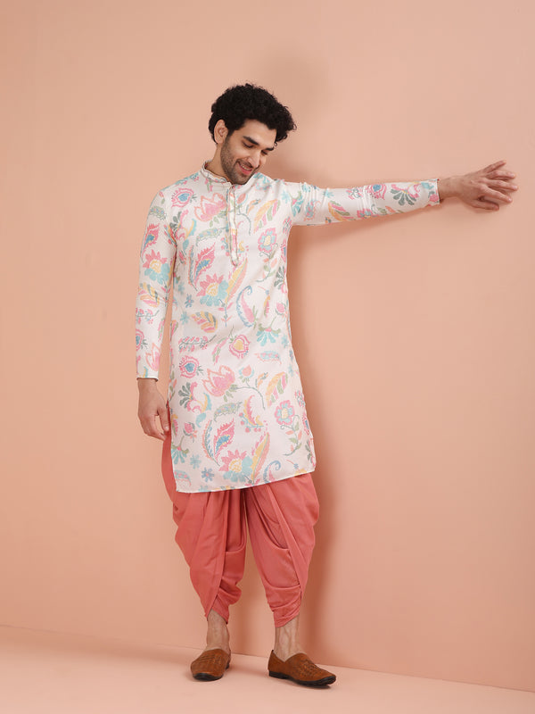 White Cotton Printed Kurta Dhoti Set