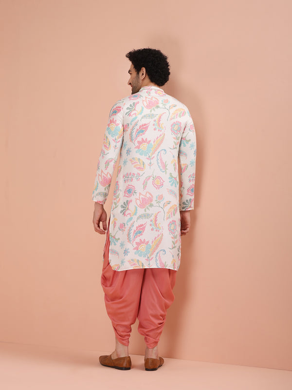 White Cotton Printed Kurta Dhoti Set