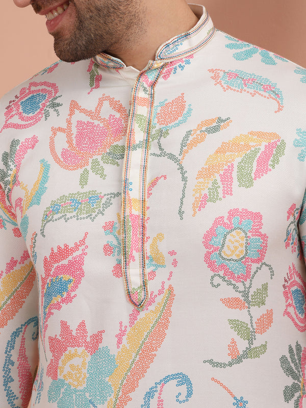 White Cotton Printed Kurta Dhoti Set