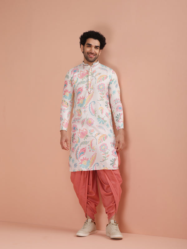 White Cotton Printed Kurta Dhoti Set