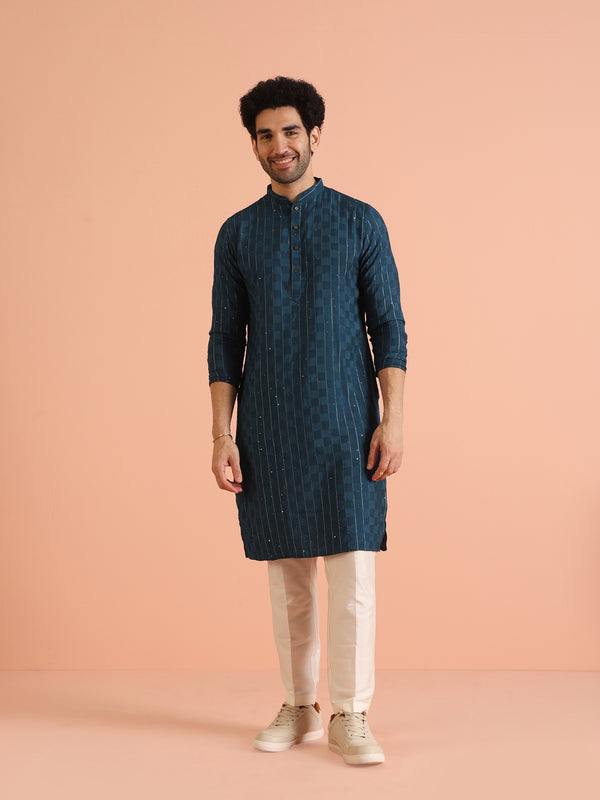Teal Blue Jacquard Kurta Cream Trouser Set