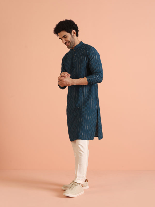 Teal Blue Jacquard Kurta Cream Trouser Set