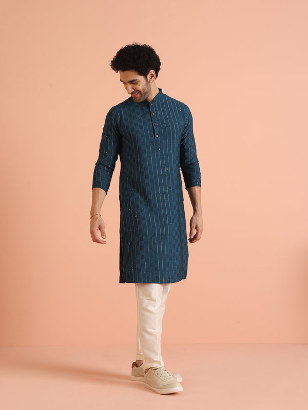 Teal Blue Jacquard Kurta Cream Trouser Set