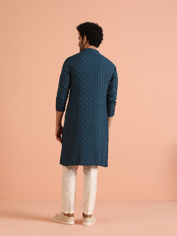 Teal Blue Jacquard Kurta Cream Trouser Set