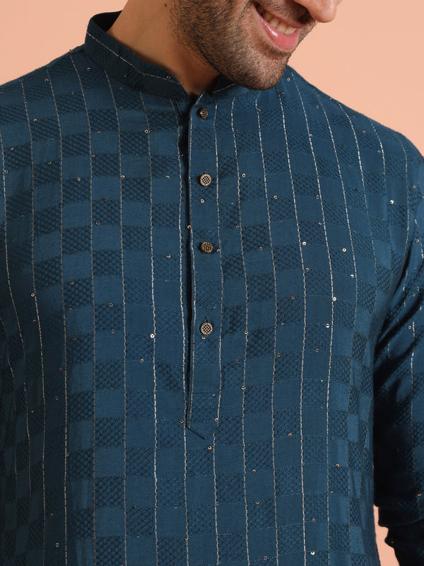 Teal Blue Jacquard Kurta Cream Trouser Set