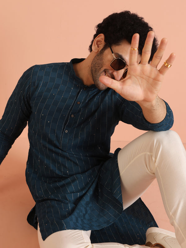 Teal Blue Jacquard Kurta Cream Trouser Set