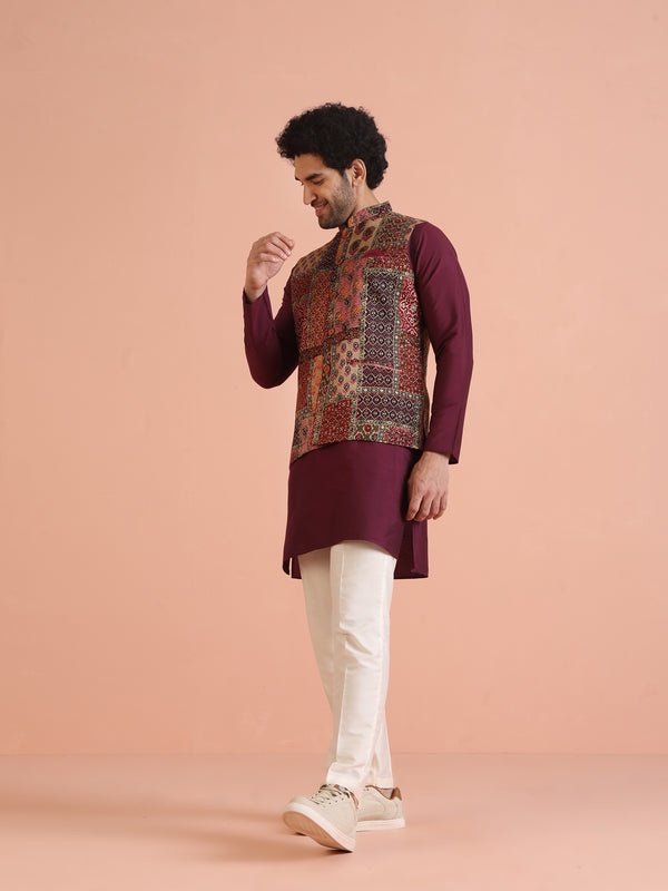 Multi Color Art Silk Printed Nehru Jacket Bundi Set with Kurta and Trouser