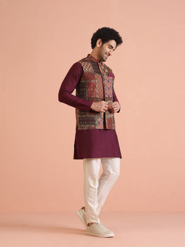 Multi Color Art Silk Printed Nehru Jacket Bundi Set with Kurta and Trouser