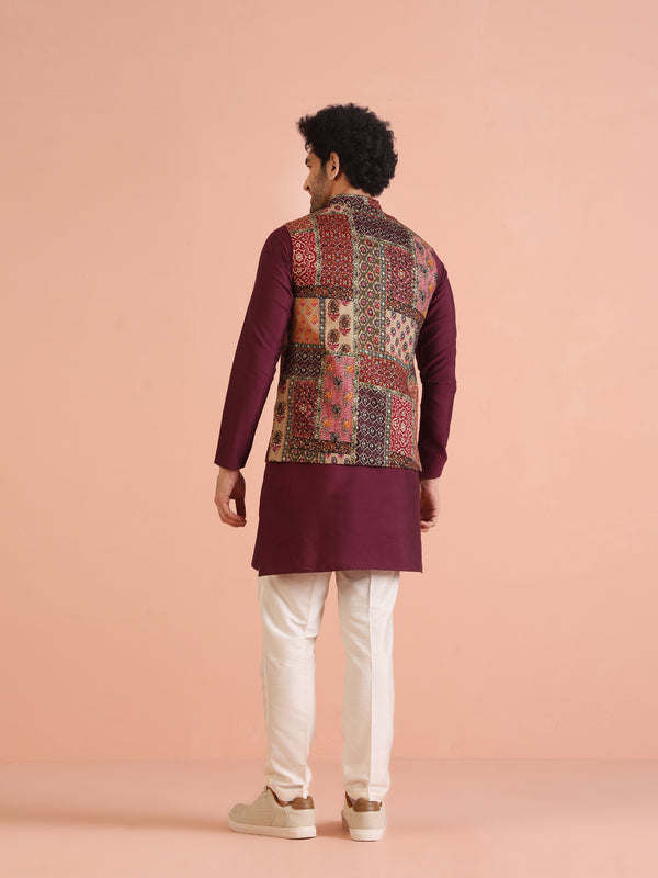 Multi Color Art Silk Printed Nehru Jacket Bundi Set with Kurta and Trouser