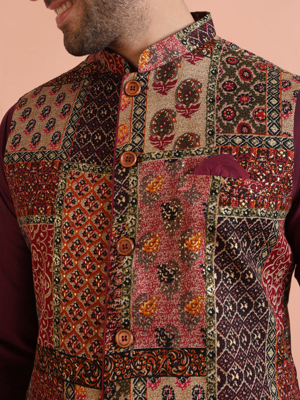 Multi Color Art Silk Printed Nehru Jacket Bundi Set with Kurta and Trouser