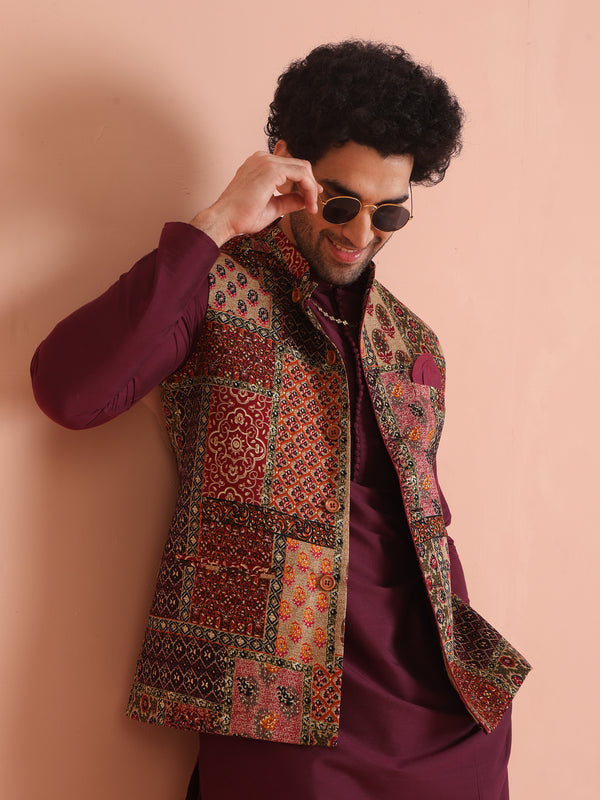 Multi Color Art Silk Printed Nehru Jacket Bundi Set with Kurta and Trouser
