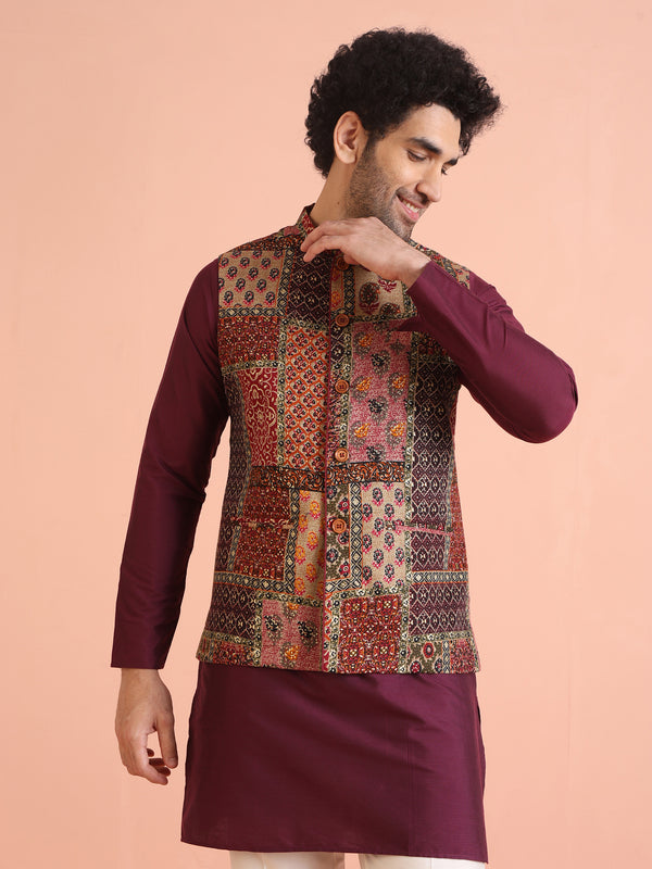 Multi Color Art Silk Printed Nehru Jacket Bundi Set with Kurta and Trouser