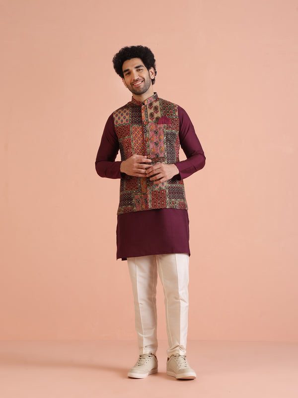 Multi Color Art Silk Printed Nehru Jacket Bundi Set with Kurta and Trouser