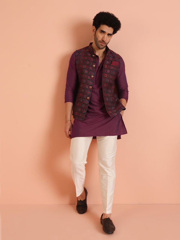 Wine Silk Blend Printed Jacket Kurta Trouser Set