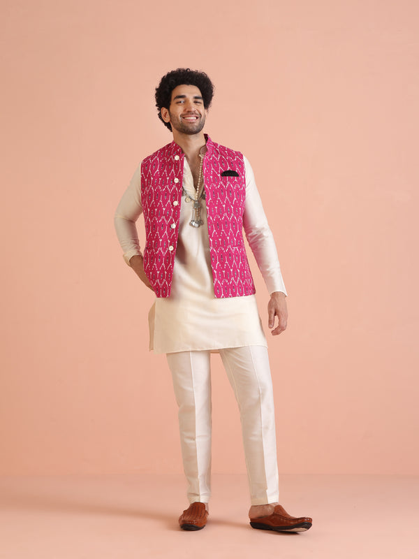 Pink Printed Jacket Kurta Trouser Set