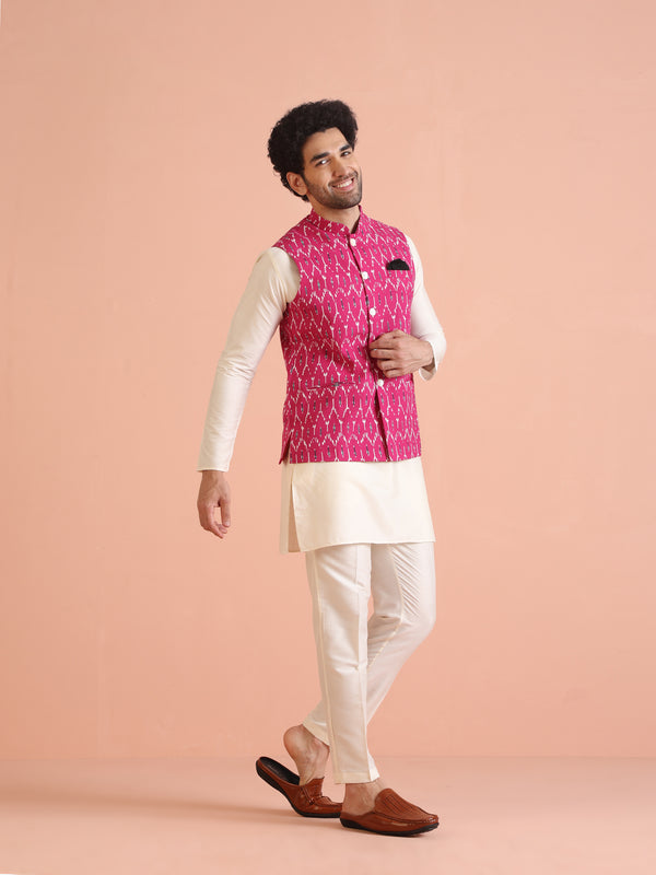 Pink Printed Jacket Kurta Trouser Set
