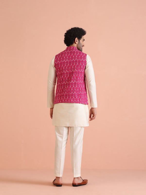 Pink Printed Jacket Kurta Trouser Set