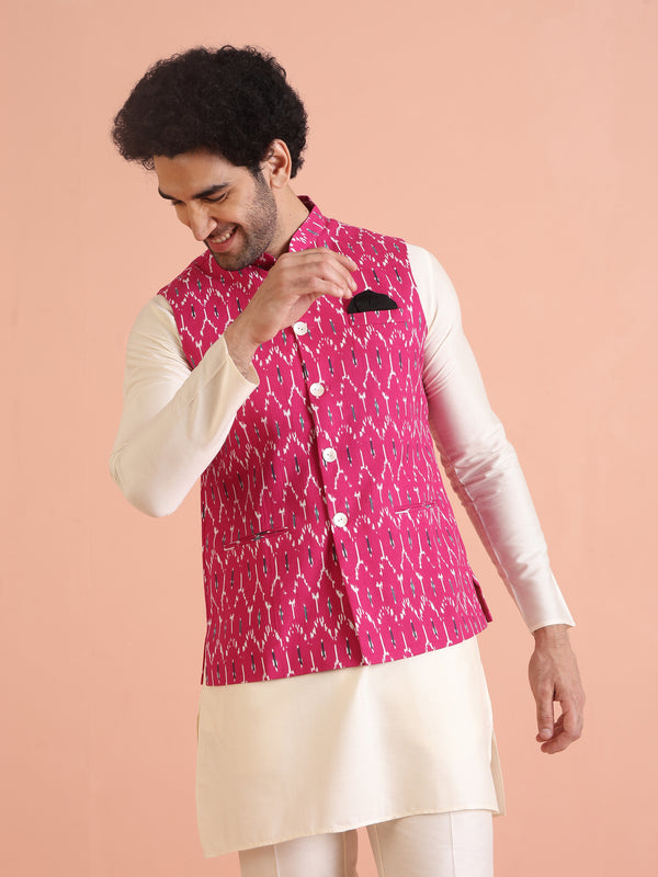 Pink Printed Jacket Kurta Trouser Set