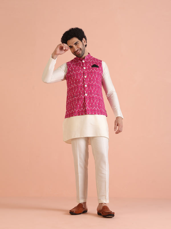 Pink Printed Jacket Kurta Trouser Set