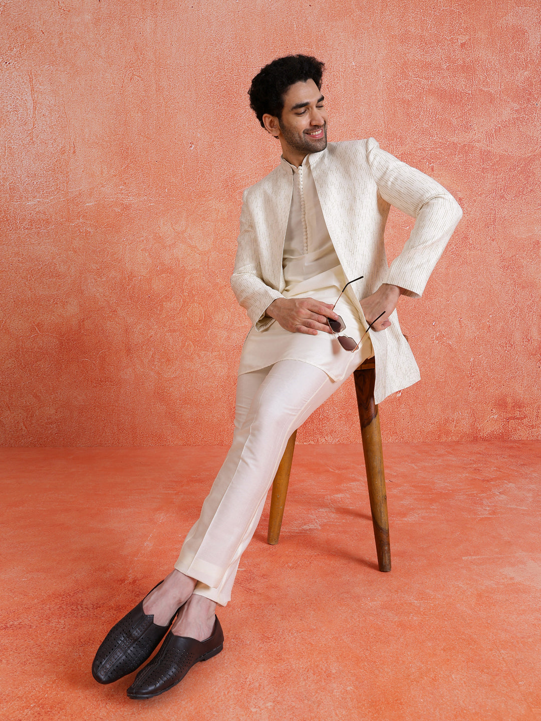 White Silk Blend Jacquard Short Sherwani Trouser Set