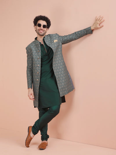 Grey Art Silk Embroidered Sherwani Achkan Set