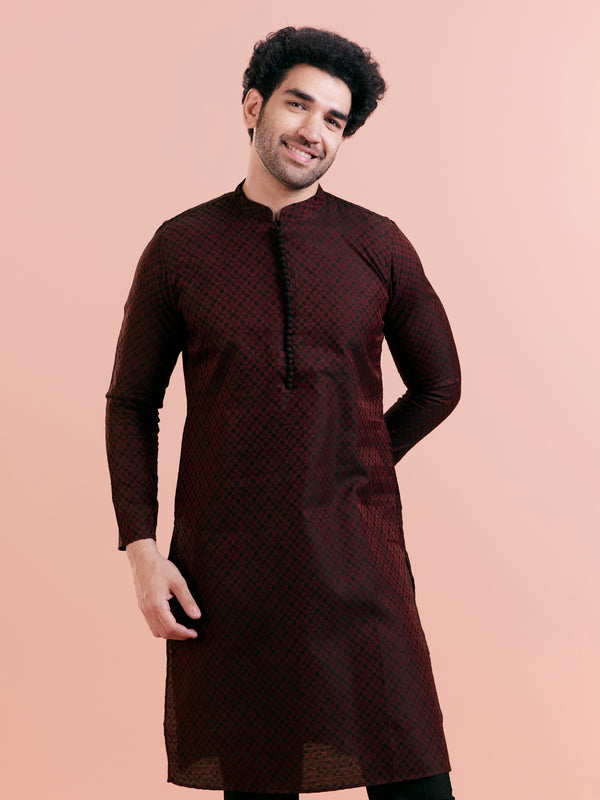 Maroon Silk Blend Woven Long Kurta