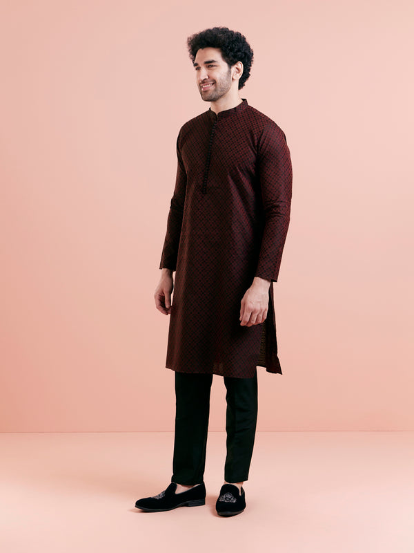 Maroon Silk Blend Woven Long Kurta