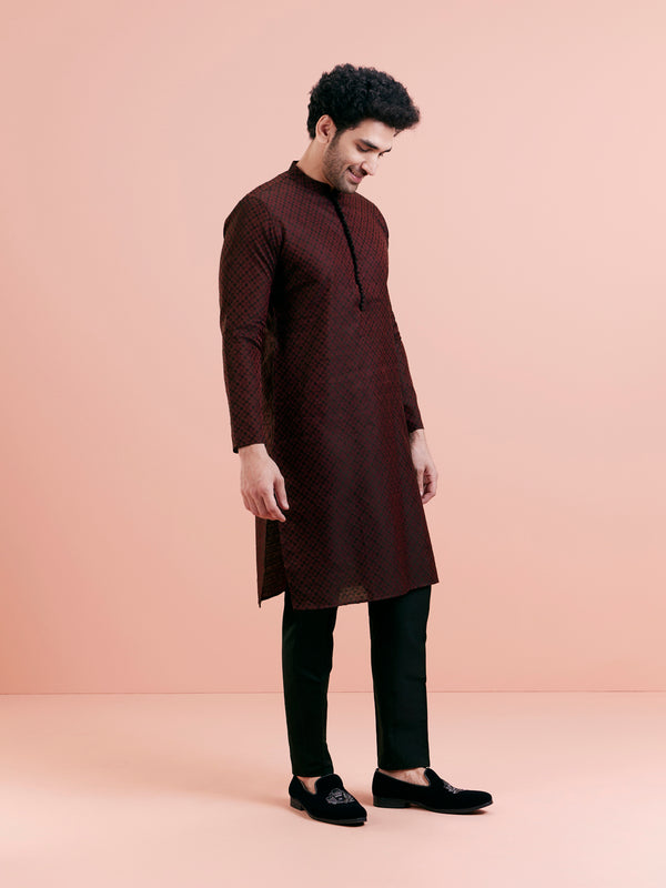 Maroon Silk Blend Woven Long Kurta