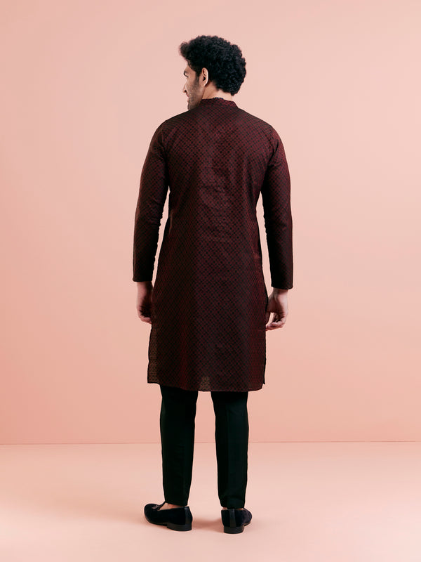 Maroon Silk Blend Woven Long Kurta