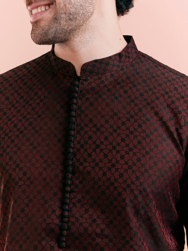 Maroon Silk Blend Woven Long Kurta