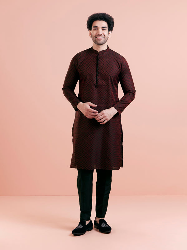 Maroon Silk Blend Woven Long Kurta
