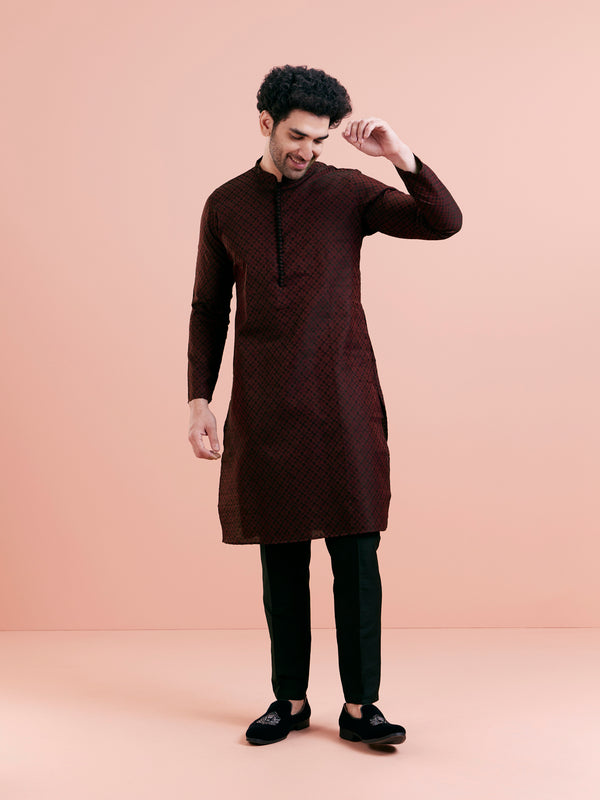 Maroon Silk Blend Woven Long Kurta