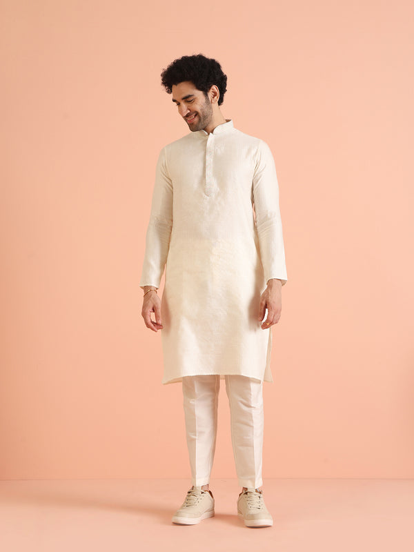 Cream Silk Blend Kurta Set with Intricate Woven Detailing and Matching Trousers â€“ Fes