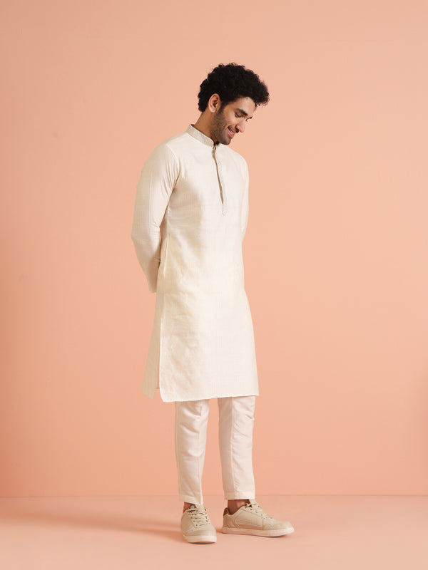 Cream Silk Blend Kurta Set with Intricate Woven Detailing and Matching Trousers â€“ Fes