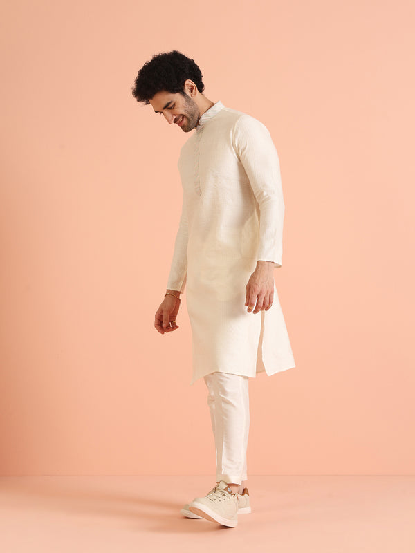 Cream Silk Blend Kurta Set with Intricate Woven Detailing and Matching Trousers â€“ Fes