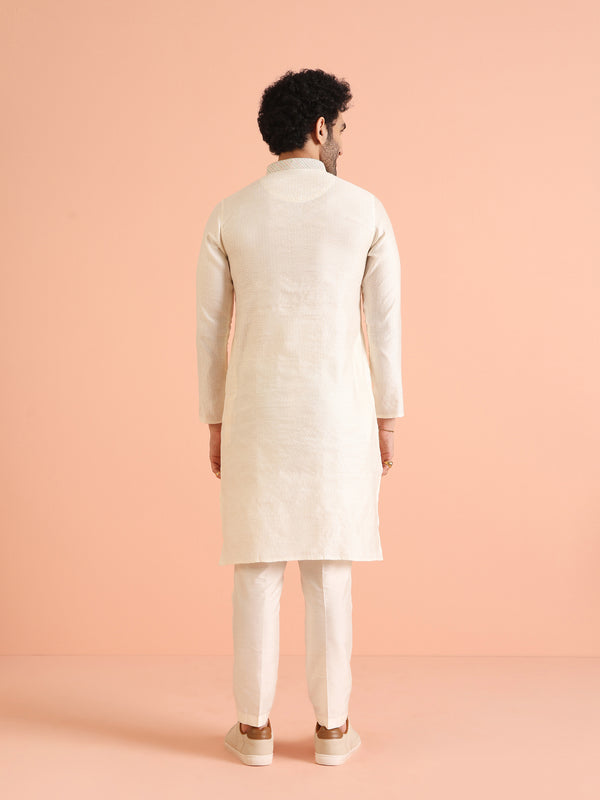 Cream Silk Blend Kurta Set with Intricate Woven Detailing and Matching Trousers â€“ Fes