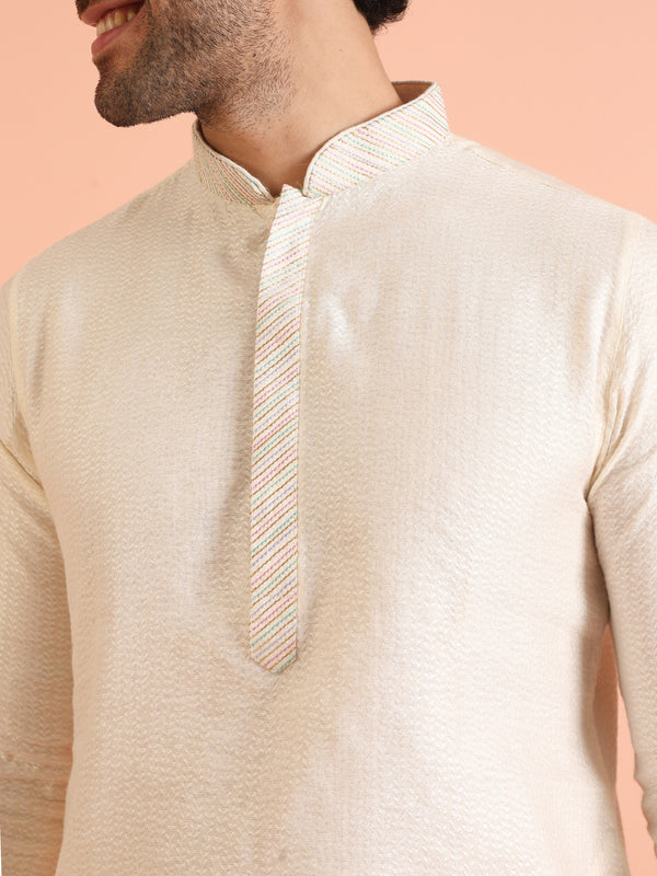 Cream Silk Blend Kurta Set with Intricate Woven Detailing and Matching Trousers â€“ Fes