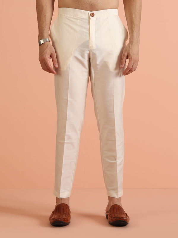 Cream Silk Blend Kurta Set with Intricate Woven Detailing and Matching Trousers â€“ Fes