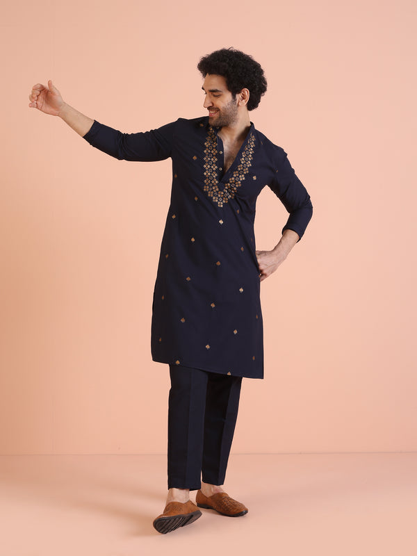 Navy Blue Silk Blend Embroidered Kurta Trouser