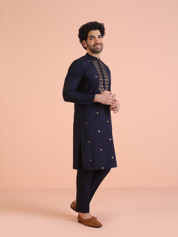 Navy Blue Silk Blend Embroidered Kurta Trouser
