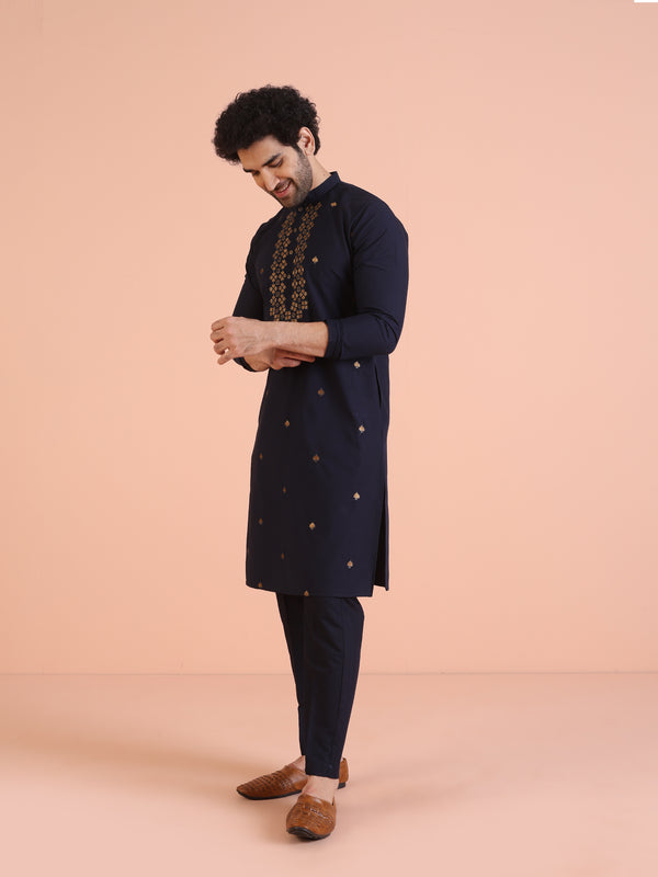 Navy Blue Silk Blend Embroidered Kurta Trouser