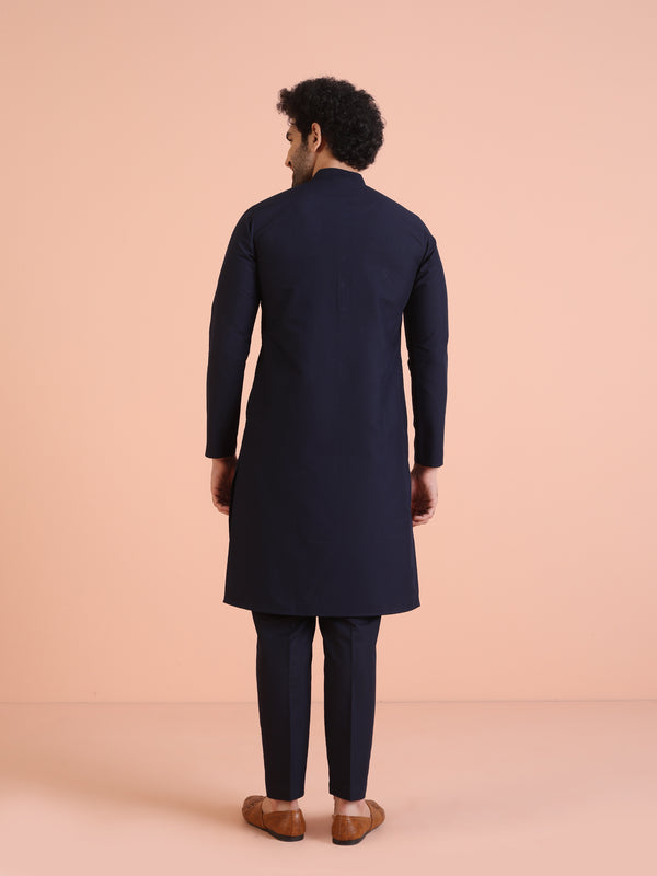 Navy Blue Silk Blend Embroidered Kurta Trouser